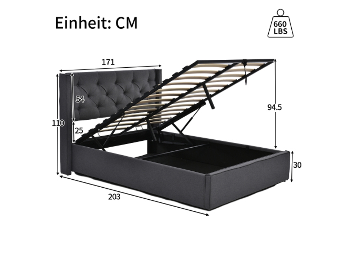 Cama De Casal Hidráulica 160x200cm Com Colchão, Estrutura Em Metal E Armazenamento, Design Moderno Em Algodão Cinza