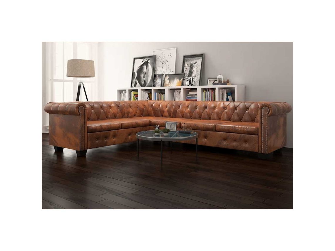 Sofá de canto Chesterfield 6 lugares VIDAXL couro artificial castanho
