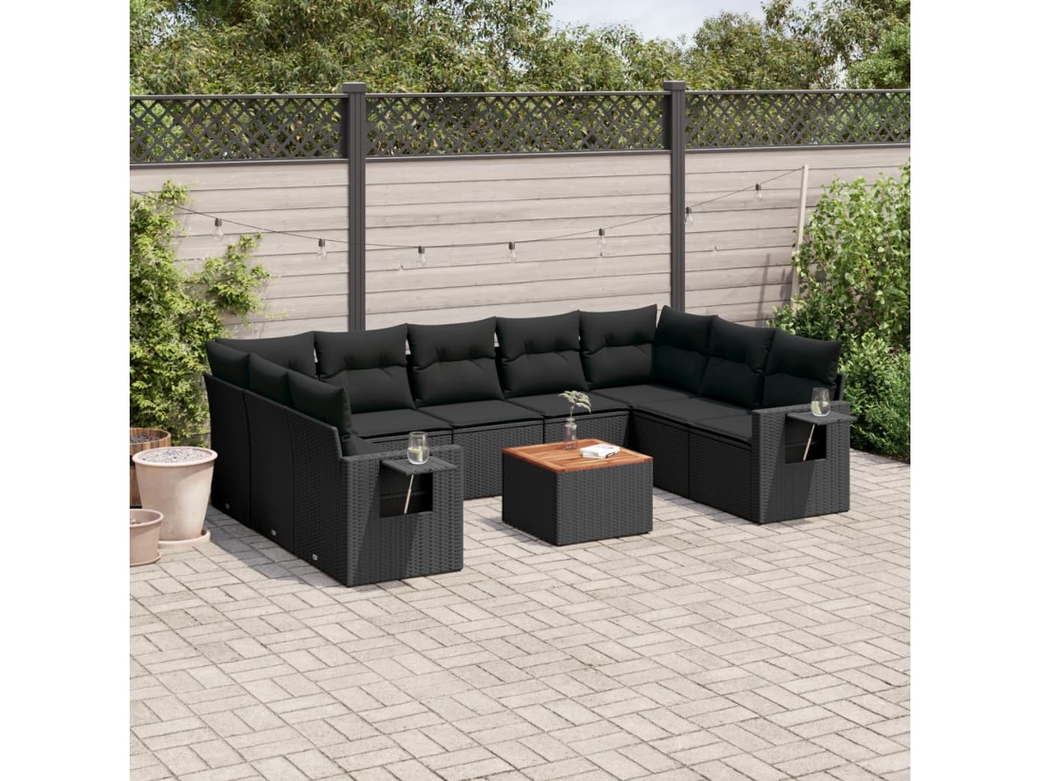 Conjunto 10 sofás de jardim c/ almofadões VIDAXL vime PE preto