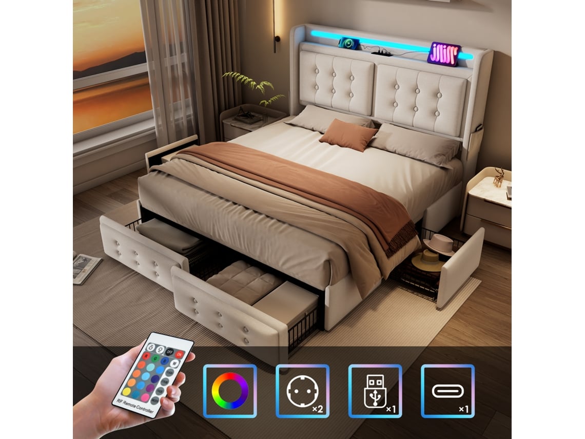 Cama Estofada 140x200, Cama De Casal Com Cabeceira Led E Usb C E 4 Gavetas, Camas De Armazenamento, Bege, Com Colchão
