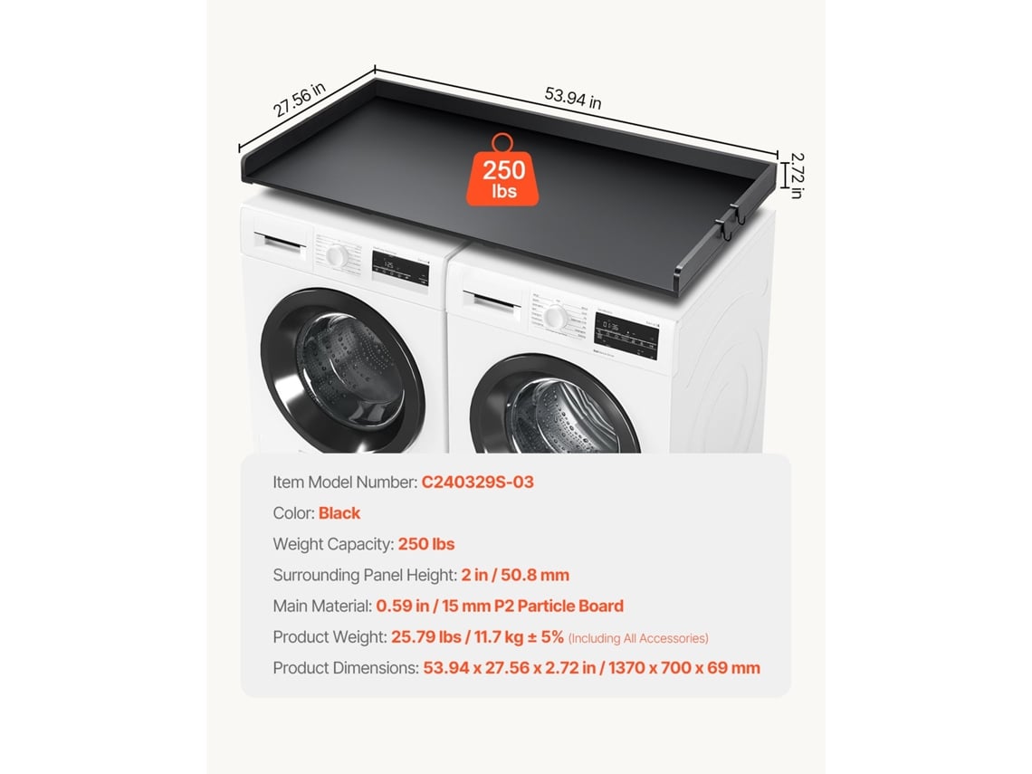 Bancada de Lavanderia Vevor para Máquina de Lavar e Secar em Madeira 137x70 cm Preta