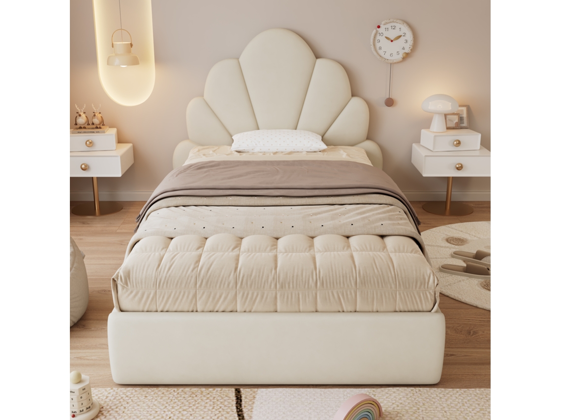 Cama De Solteiro Estofada, Cabeceira Com Pétalas Curvas, Simples, Elegante E Confortável, Estrutura De Cama, Veludo, Bege 90x200cm