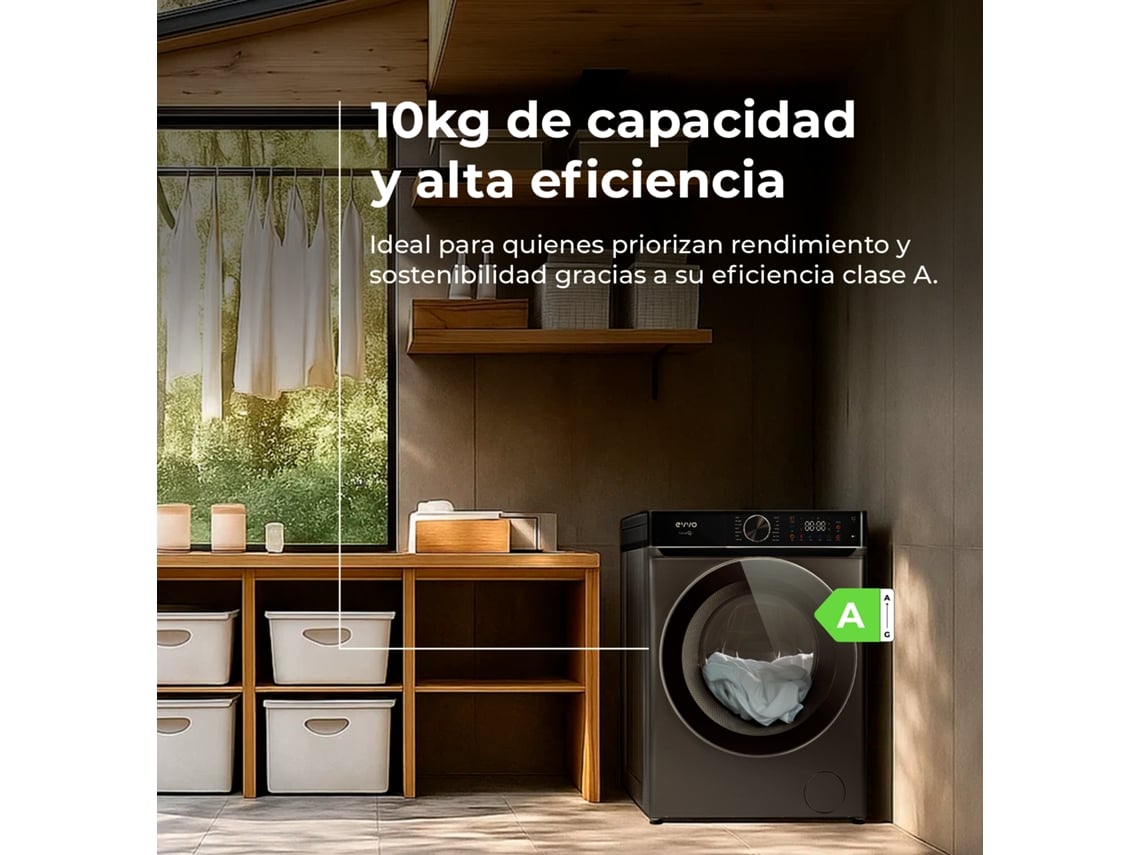Máquina de lavar roupa Evvo New Q10x 10 kg com carregamento frontal, 1400 rpm, classe energética A, motor inversor Edrive, 14 programas