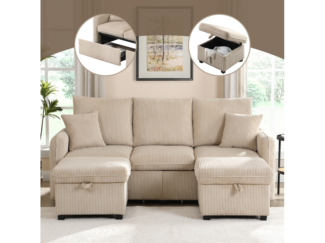 Sofá modular em formato de U de 3 lugares Pangshiyuan com função de armazenamento e pernas de corda (173 x 75 x 70 cm)