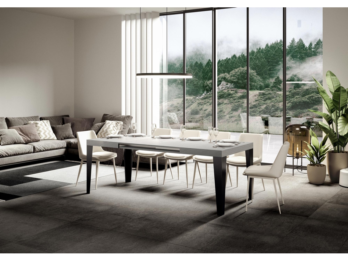 Mesa de Jantar Extensível 90X120/224 Cm Flame Cinza Branca Quadro Antracite