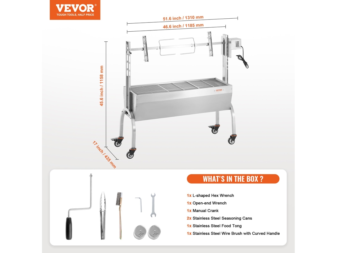 VEVOR Grelhador de Cordeiro Grelhado 52W 90Kg Elétrico 1185Mm