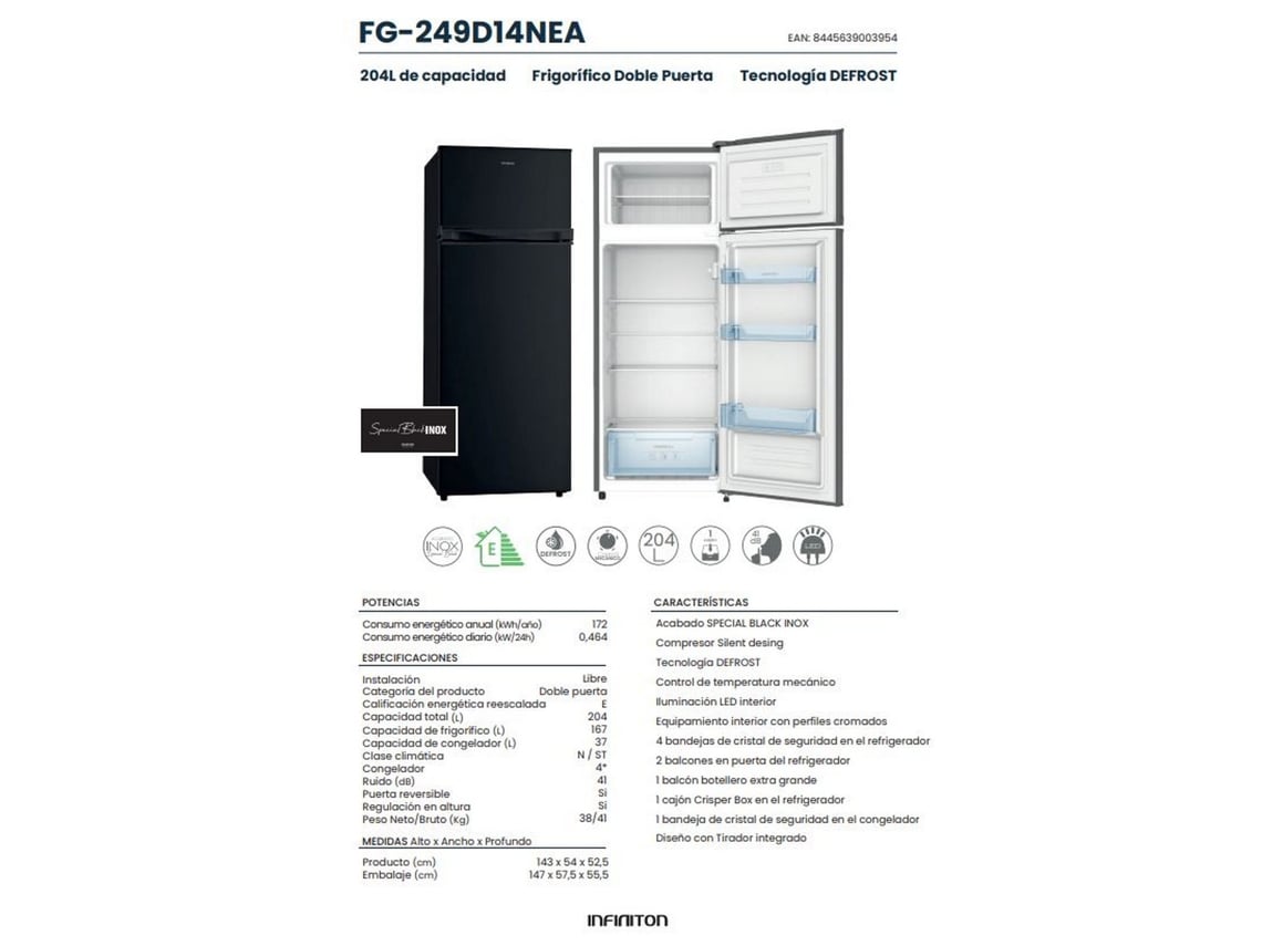 Refrigerador Infiniton Fg 249d14nea de duas portas, 143 cm, 204 litros, aço inoxidável preto, cíclico e