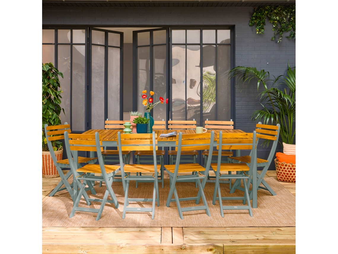 Mesa De Jardim De Acácia Com Cantos Arredondados, 10 Cadeiras, Verde Caqui Sweeek