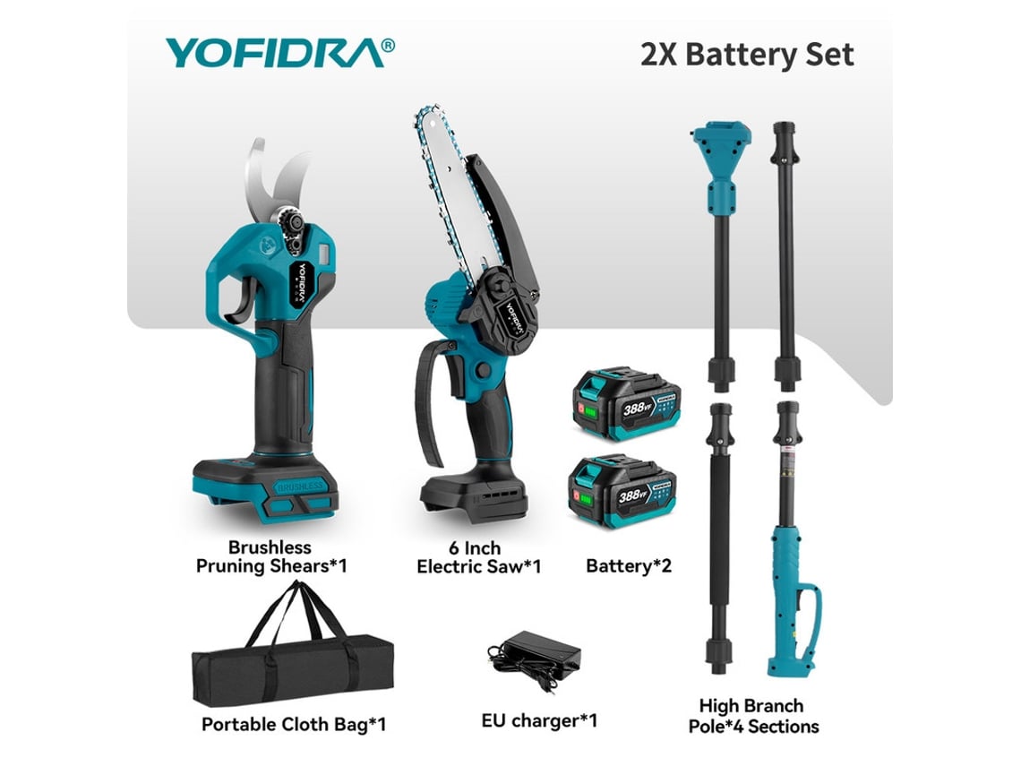 Conjunto Tesoura De Poda Telescópica E Motosserra, Vara 2 M Motosserra Brushless 6 Tesoura Elétrica 25 Mm, 2 Baterias Yofidra