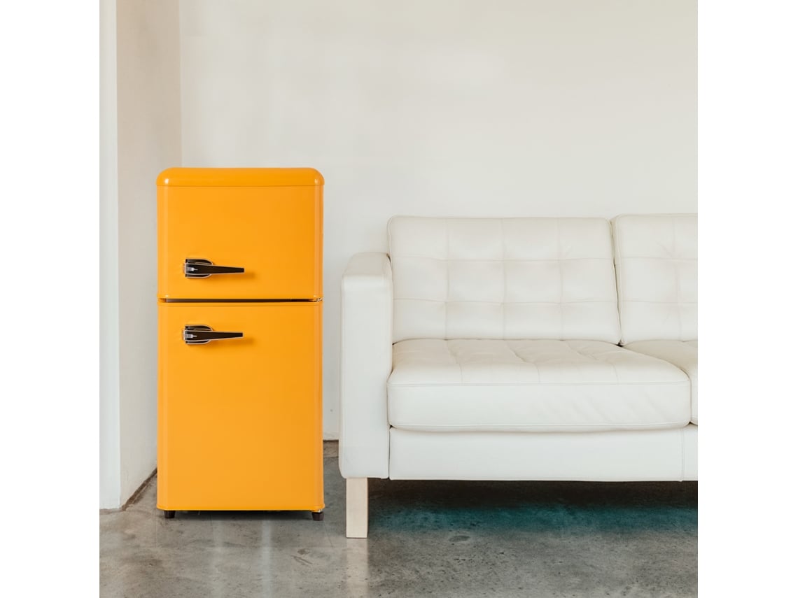 Geladeira/freezer Estilo Retro. Altura 88,8 Cm, Largura 45,5 Cm, Design De Duas Portas, Capacidade Total De 60 Litros.