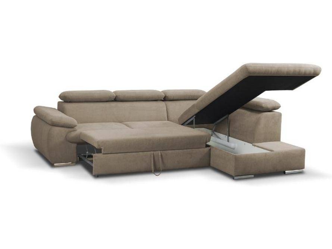 Sofá Cama Fabien VENTE-UNIQUE (Bege - Tecido e Veludo - 271x221x96 cm/Dimensões da cama: 120 – 139 cm)