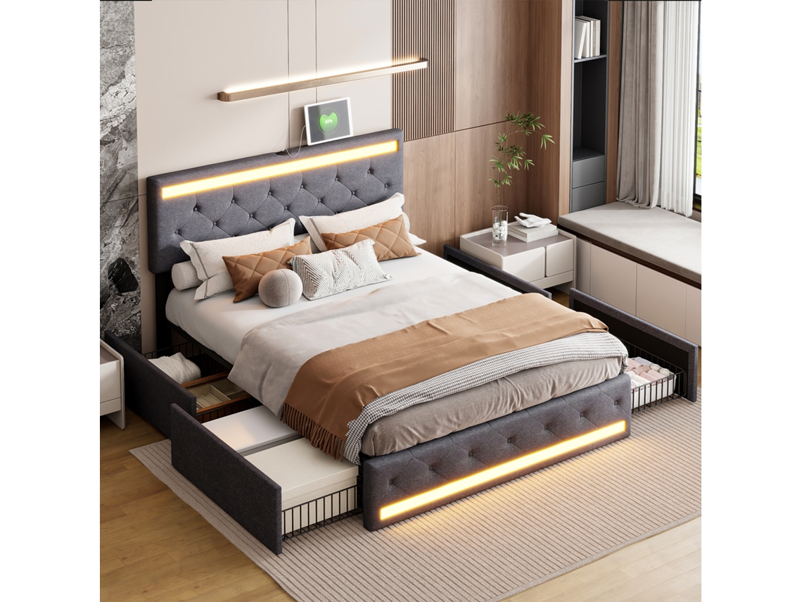 Cama Casal Led Com Armazenamento, 4 Gavetas, Usb C, Tecido Linho Cinza, 140x200 Cm