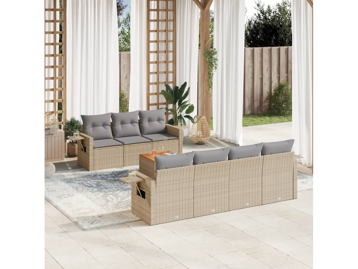 Conjunto 8 de sofás p/ jardim VIDAXL com almofadões vime PE bege