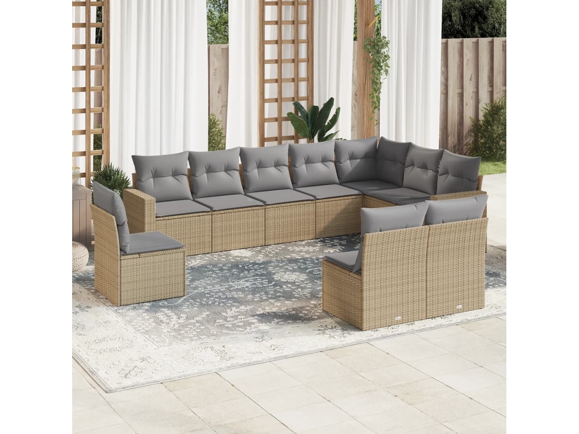 Conjunto 10 de sofás p/ jardim com almofadões VIDAXL vime PE bege