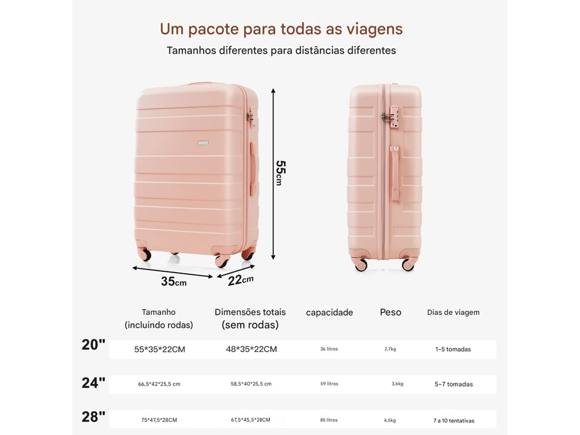 Conjunto De Malas, Tamanhos M L Xl, Malas Rígidas Em Abs, Conjunto De Malas Duráveis, Malas Com Rodas Giratórias E Fecho, Com Necessaire, Cor De Rosa