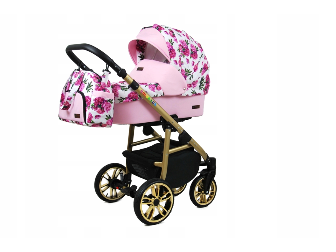 Carrinho de Bebé Multifuncional BABYLUX CLASSIC GOLD 3 Em 1 -Bouquets Peony On White GOLD FRAME - Ajustável e dobrável Construção leve em alumínio