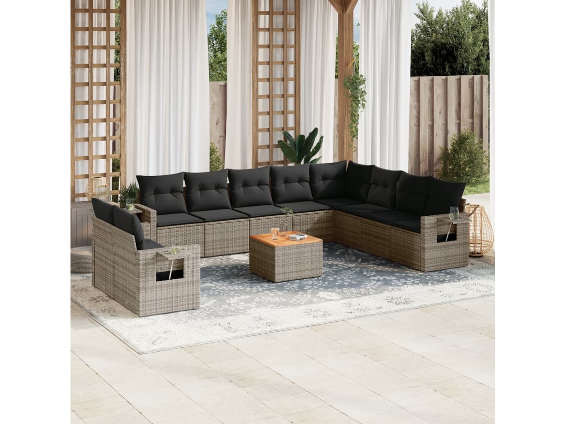 Conjunto 11 sofás de jardim c/ almofadões VIDAXL vime PE cinzento