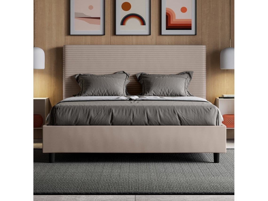 Cama de Casal Queen Size com Arrumação Estofada FocusITYHOME (160 x 210 cm - Painéis de Melamina e Couro Sintético)