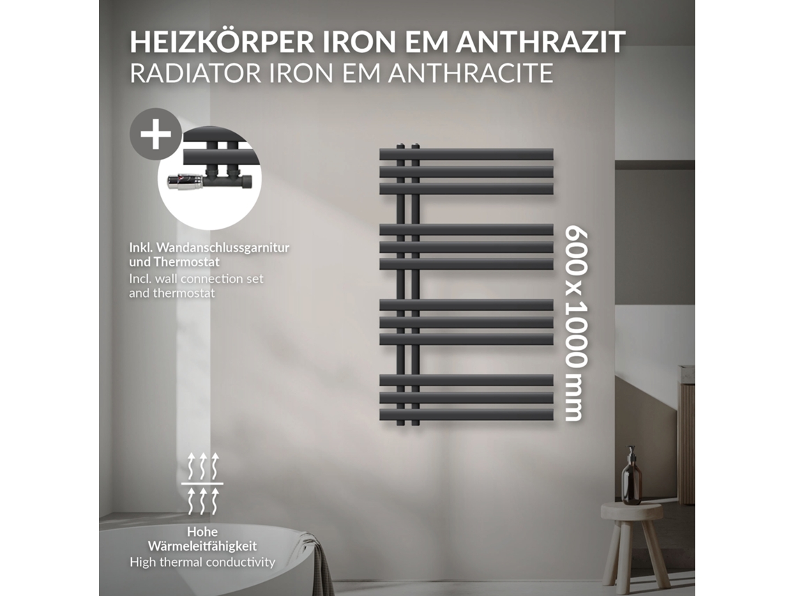 Radiador De Casa De Banho De Ligação Central 600x1000 Mm Antracite Luxebath