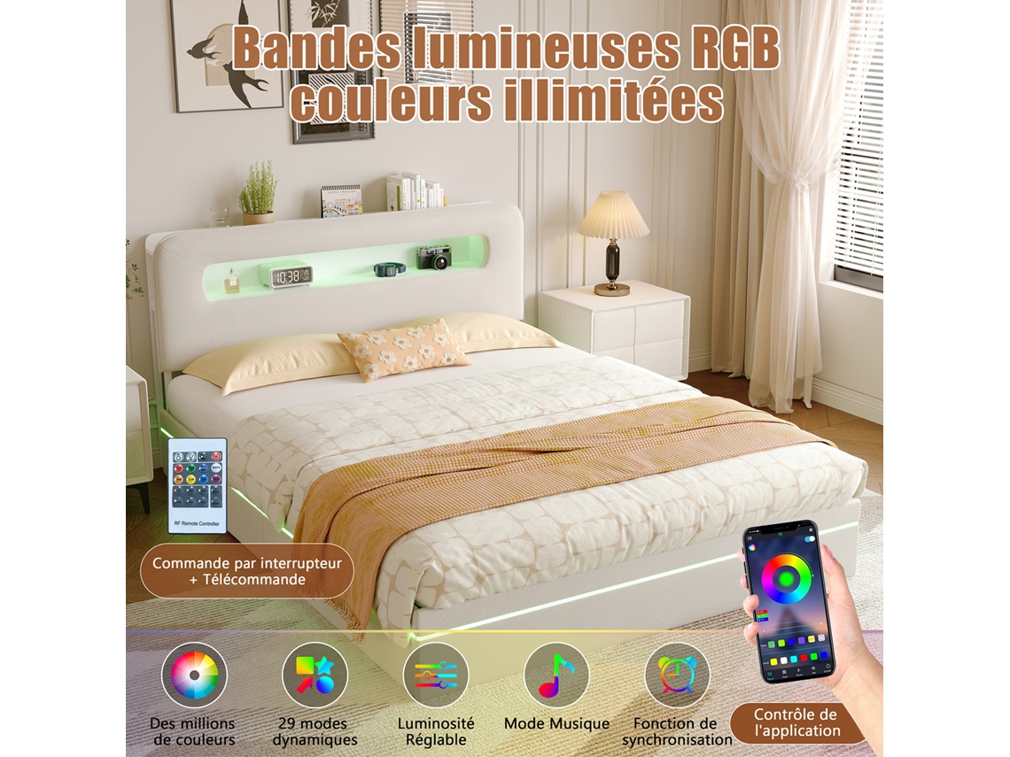 Cama Estofada 140x200 Cm, Cama De Casal, Com Luzes Led, Com Caixa De Armazenamento, Tecido De Veludo Bege