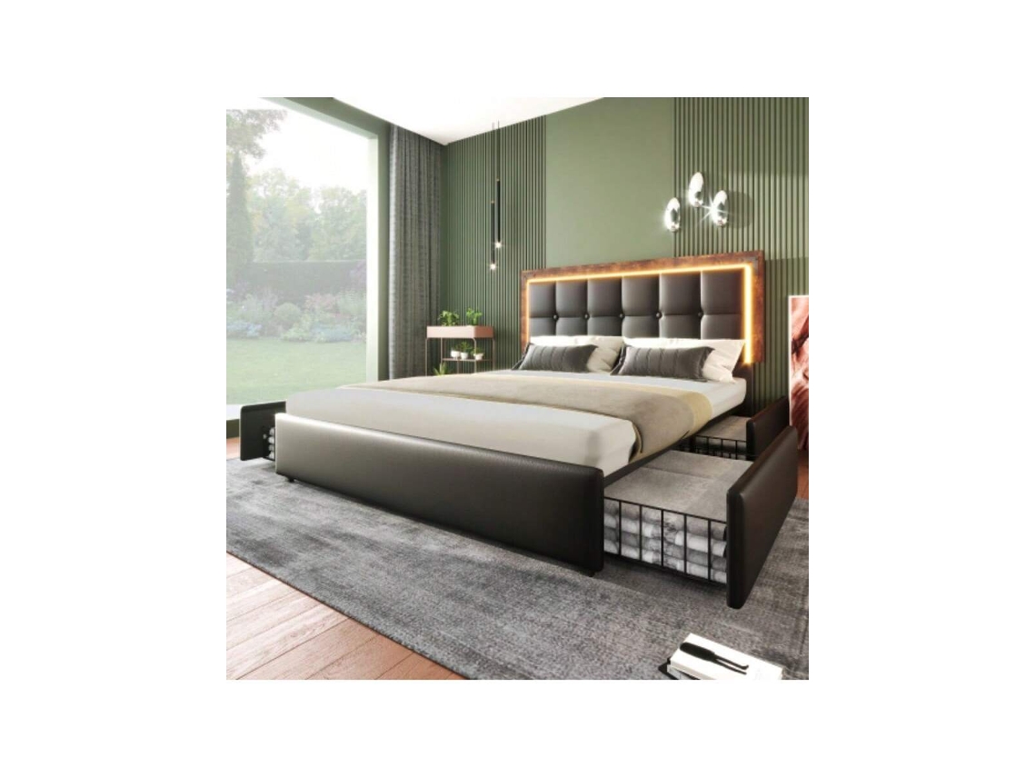 Estrutura De Cama Com Iluminação Led E 4 Gavetas, Cama De Casal Estofada 160x200cm, Cabeceira Regulável Em Altura, Cama Funcional, Pu Preto (com Col