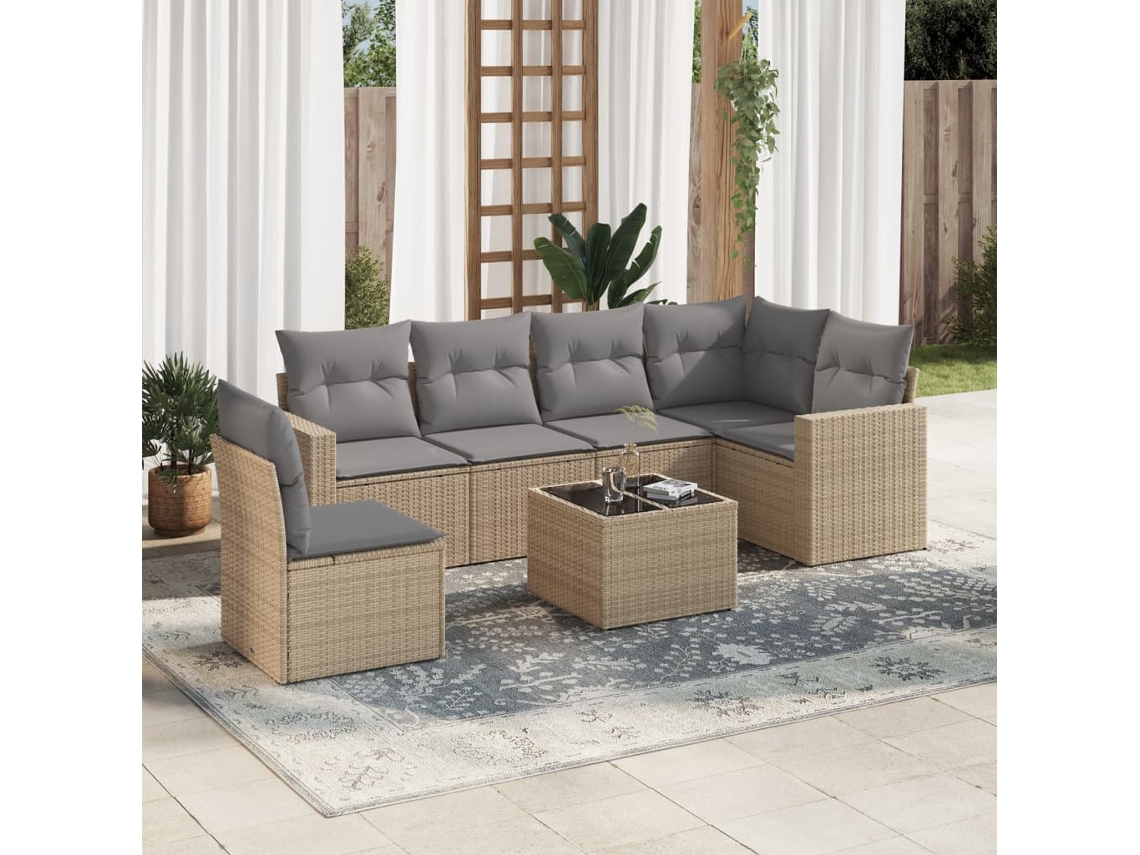 Conjunto 7 de sofás p/ jardim com almofadões VIDAXL vime PE bege