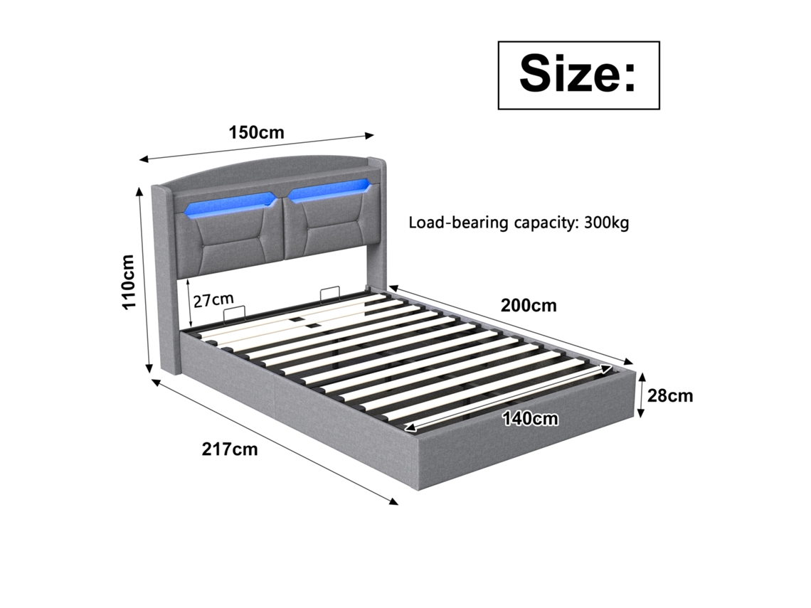 Cama Com Caixa De Arrumação 140 X 200 Cm, Cama De Casal Com Arrumação Debaixo Da Cama, Baú, Cama Com Led, Sem Colchão