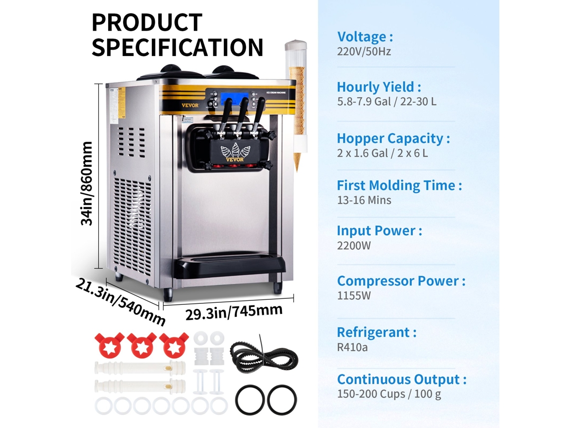 Commercial Ice Cream Machine Output 22-30L/H Soft Drink Machine 2200W Hopper 2X6L Cylinder Yogurt Machine 2L VEVOR