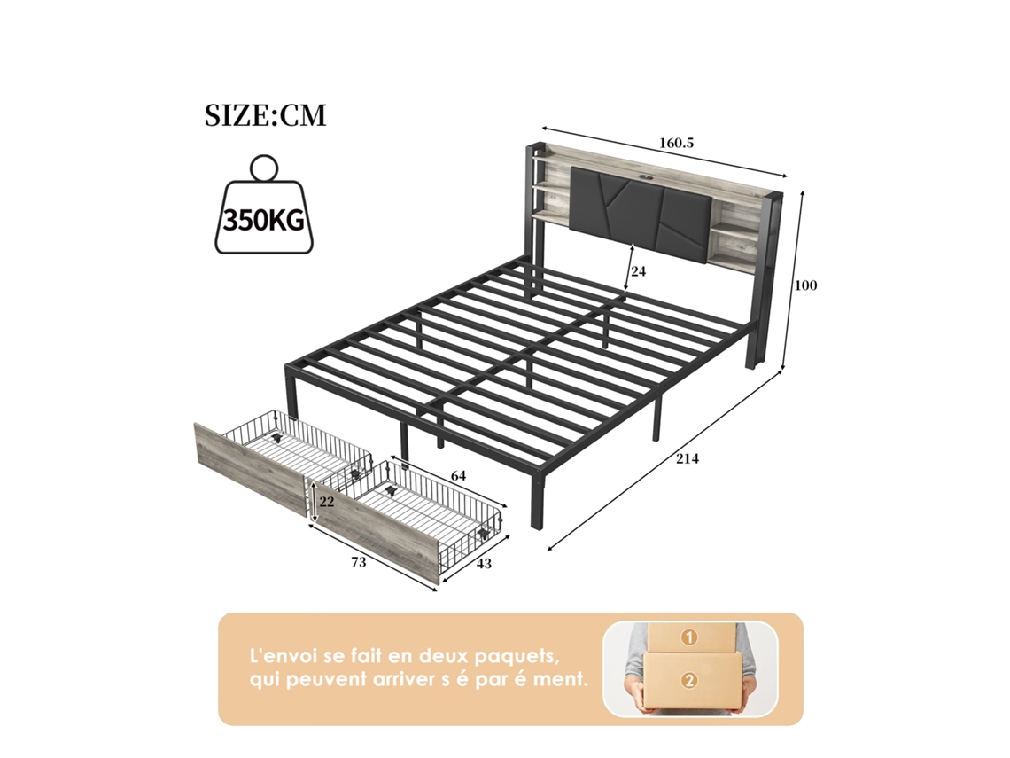 Cama 160 X 200 cm, Cama De Casal Em Metal Com Iluminação Led E Função De Carregamento Usb, Gavetas E Prateleira Integrada, Elegante E Prática