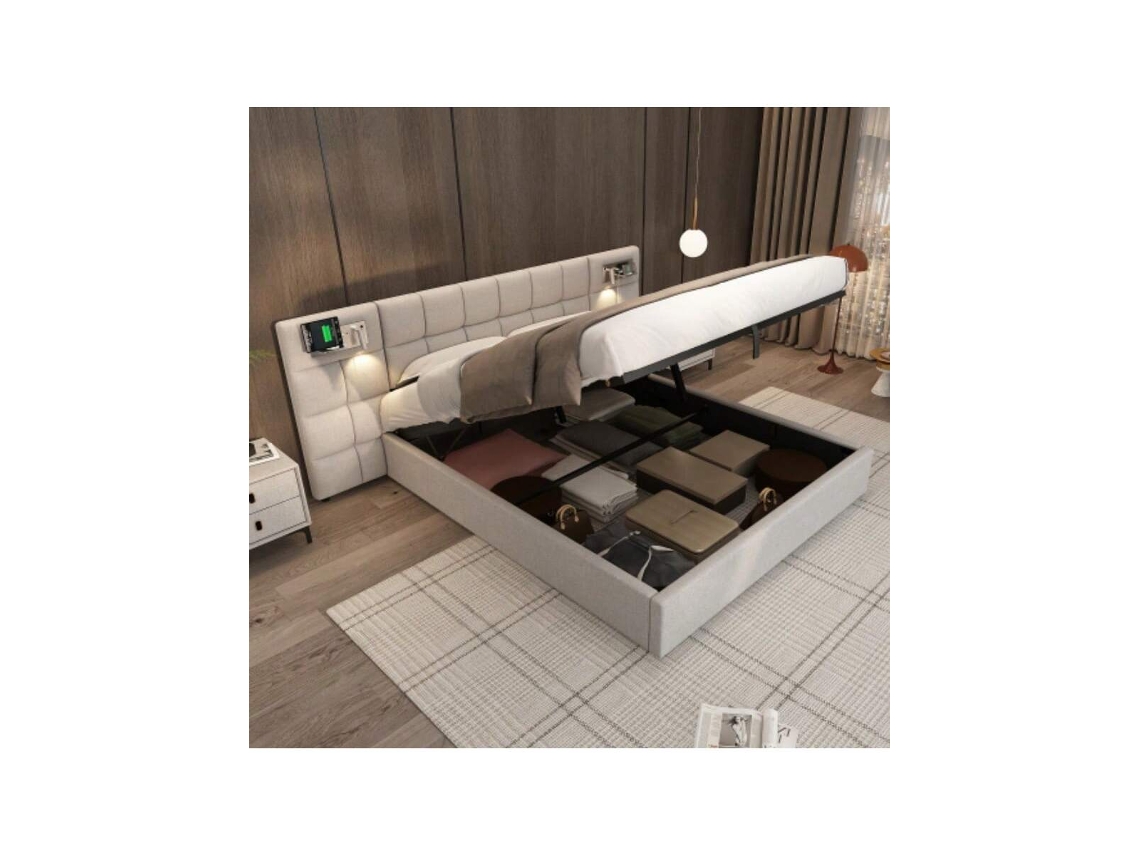 Cama Estofada 180 X 200 Cm, Cama Hidráulica, Com Porta Usb E Carregamento Sem Fio E Lâmpada Iluminada, Com Espaço De Armazenamento, Para Adultos E Ado