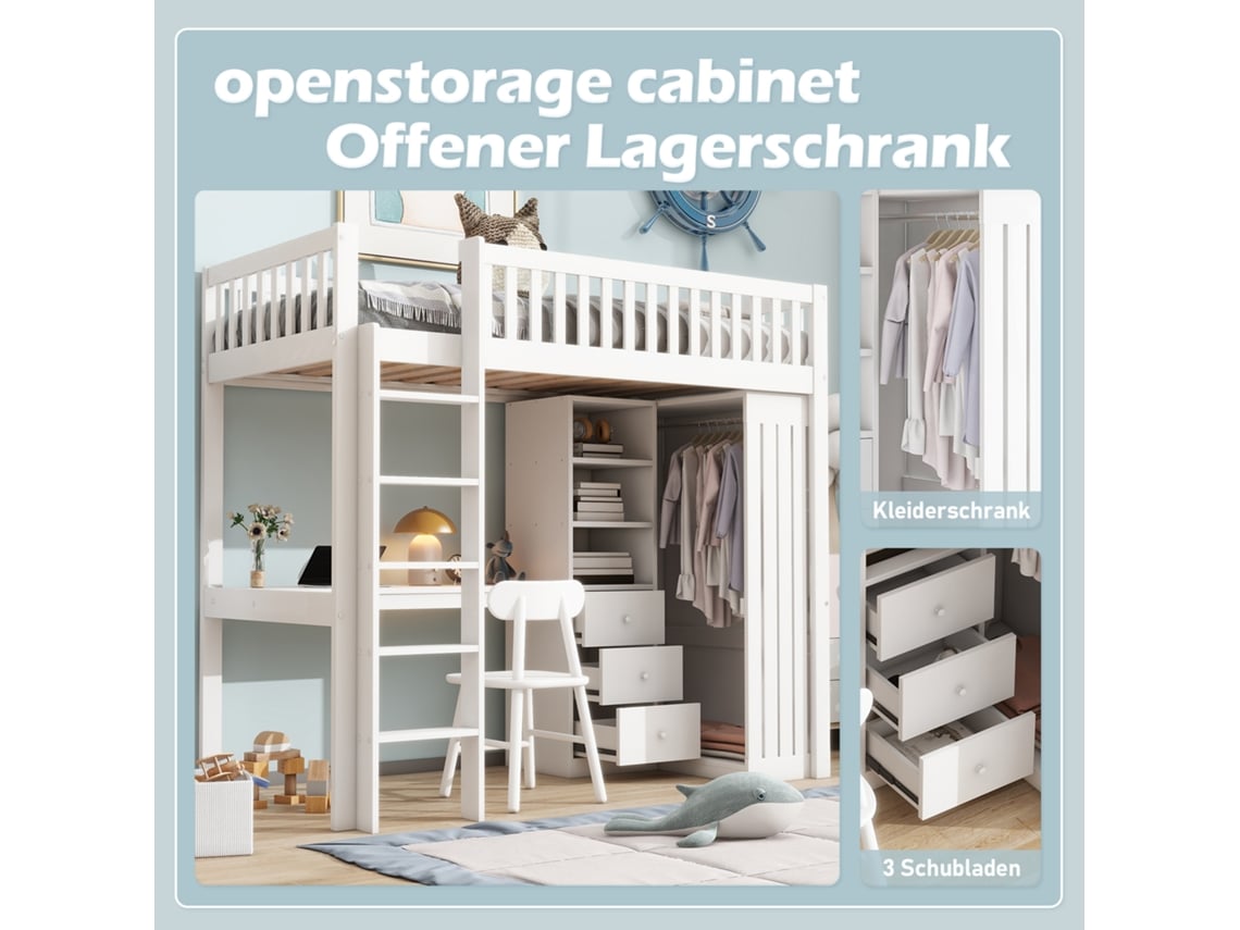 Cama Alta, 90200cm, Mesa De Escritório, Guarda-roupa, 3 Gavetas, Espaço De Armazenamento Aberto, Corrimão, Escada, Sem Colchão, Branco.