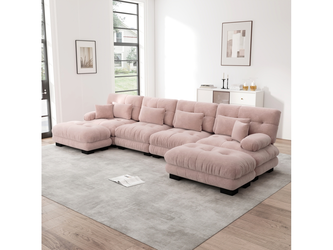 Sofá Modular Em Canto U, 4 Lugares, Cloud Confortável, Chenille Rosa Com Ottoman Móvel Haochrymec (406 X 145 X 81 Cm)