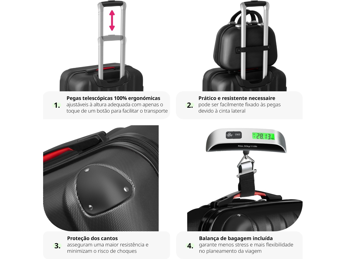 Conjunto de 4 Malas de Viagem TECTAKE Rígidas Cleo com Balança de Bagagem Preto (31/55.5/65/75cm - 11/39/64/95L)