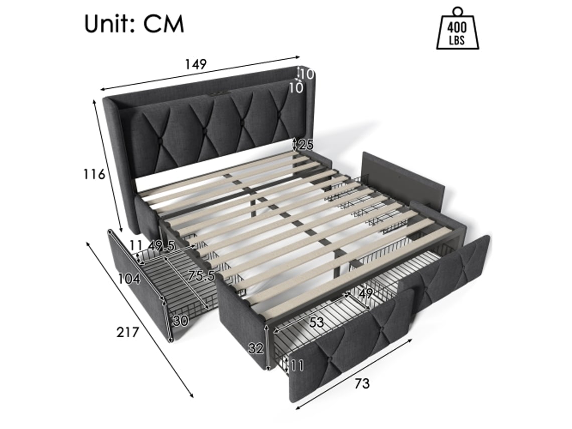 Cama Estofada Com Função De Carregamento Usb, Cabeceira E 4 Gavetas, Cama De Casal 140x200cm, Estrutura De Cama Com Arrumação, Estrutura De Ripas De