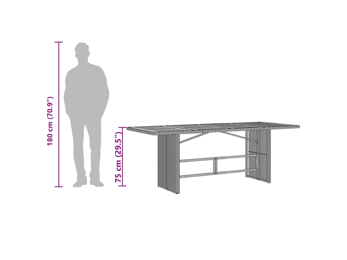 Mesa de Jardim com Tampo em Acácia 190X80X75 Cm Vime Pe Preto PANGSHIYUAN