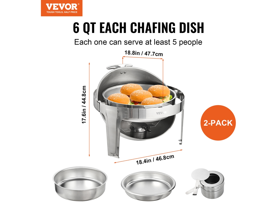 Conjunto de Bufê de Rechauds VEVOR Roll Top 6 Qt 2 Pack Forro de Aço Inoxidável com 2 Panelas de Tamanho Completo