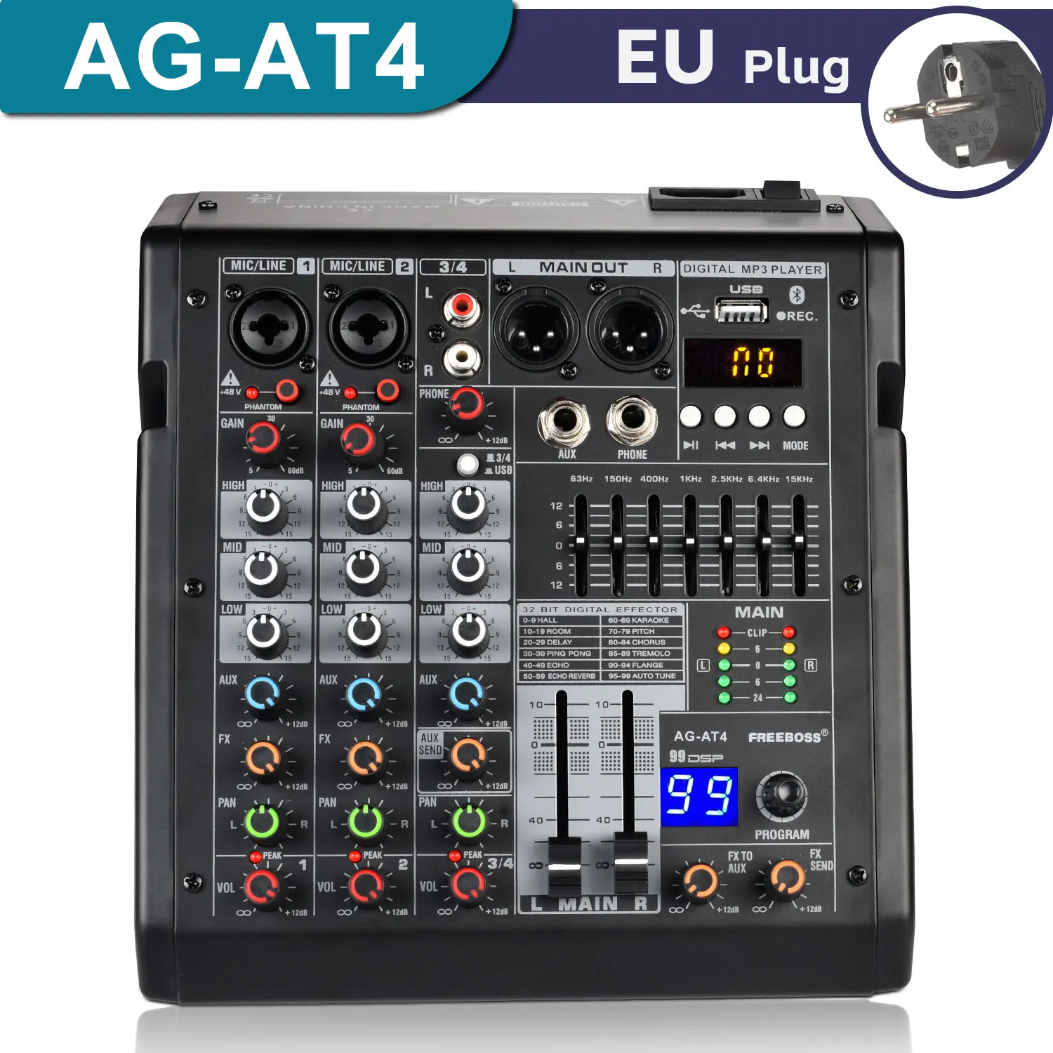 Mixer De Áudio De 4 Canais, Energia Phantom De 48v, Conectividade Bluetooth, Plug Eu