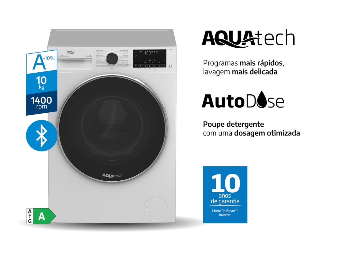Máquina de Lavar Roupa BEKO Autodose Aquatech B5WFT510418WD (10 kg - 1400 rpm - Branco)