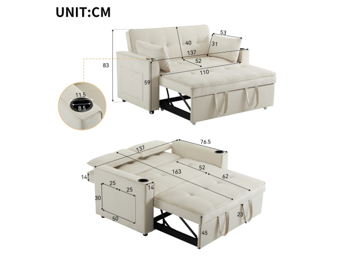 Sofá Cama Dobrável Multifuncional Com Porta Copos E Almofadas, Ideal Para Sala, Quarto E Home Theater Liptaptyn