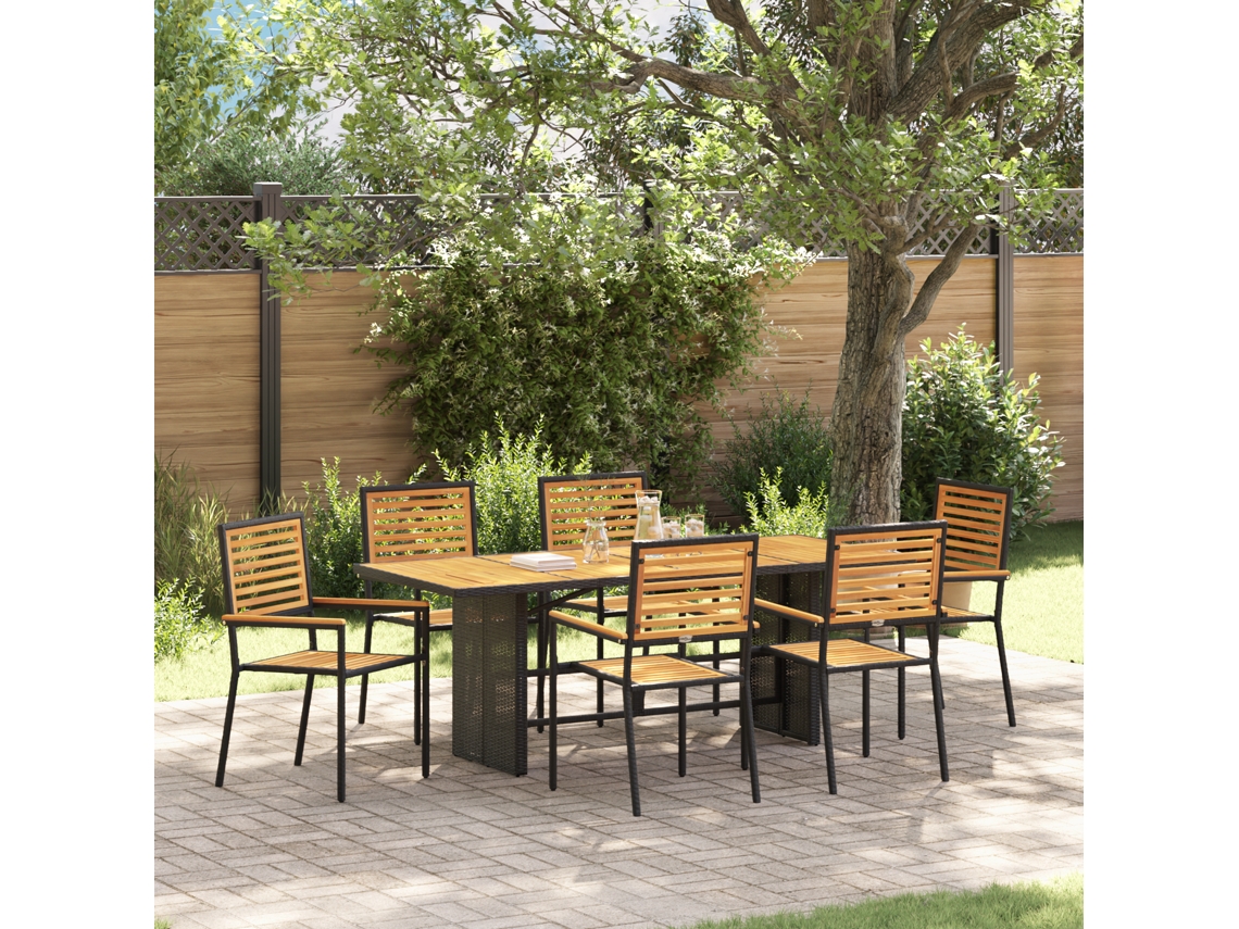 Conjunto 7 De Jantar De Vidaxl Preto Polyrattan Acácia  Preto Aço Revestido A Pó