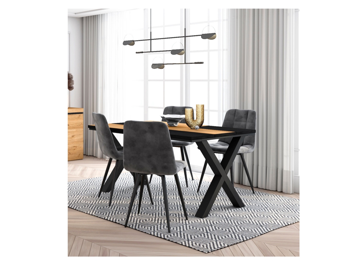 Conjunto Móveis Mesa de Sala de Jantar 140 Oak e Black Industrial Conjunto de 4 Cadeiras de Jantar Cadeira Estofada DUERMETE ONLINE