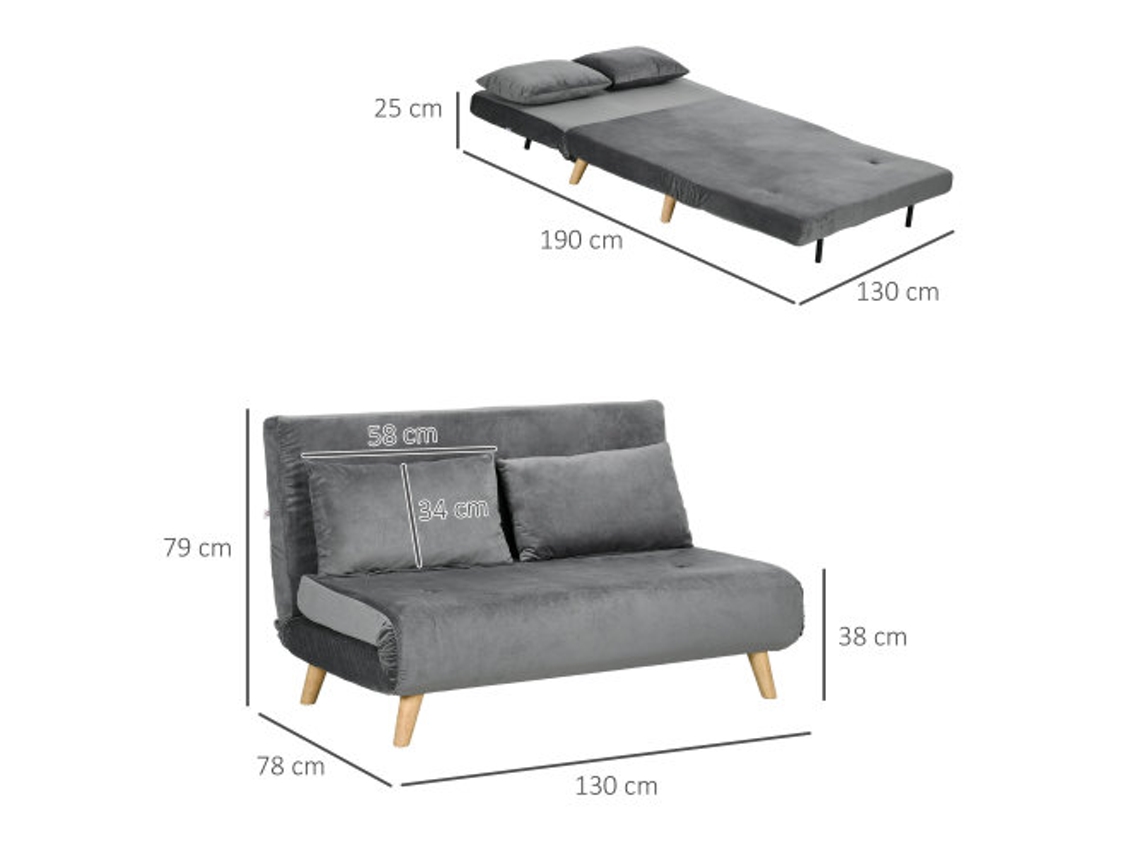 Sofá-cama Homcom de 2 lugares com função de dormir, dobrável com encosto ajustável, aparência de veludo cinza, 130 x 78 x 79 cm para sala de estar