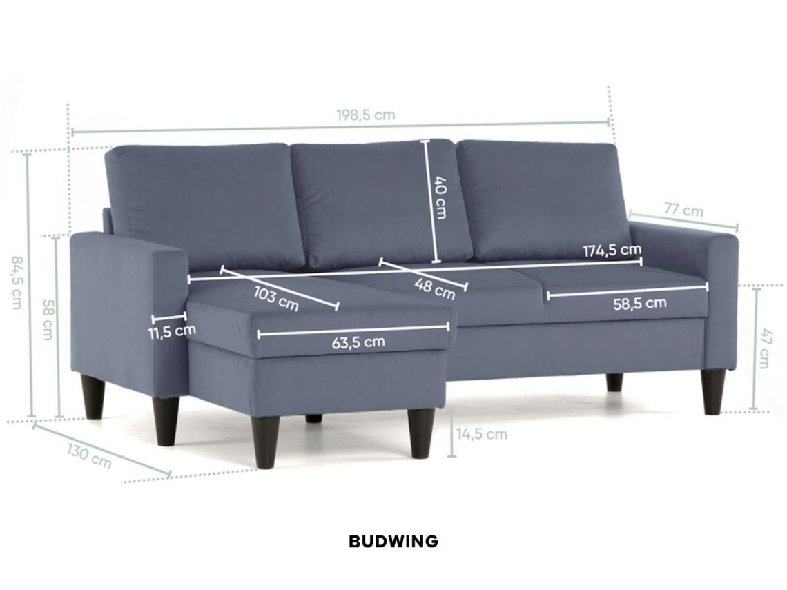 Sofá 3 Lugares BUDWING Fox Cinza Escuro c/ Chaise Longue (226 x 140 x 85 cm - Reversível Lado Direito/Esquerdo)
