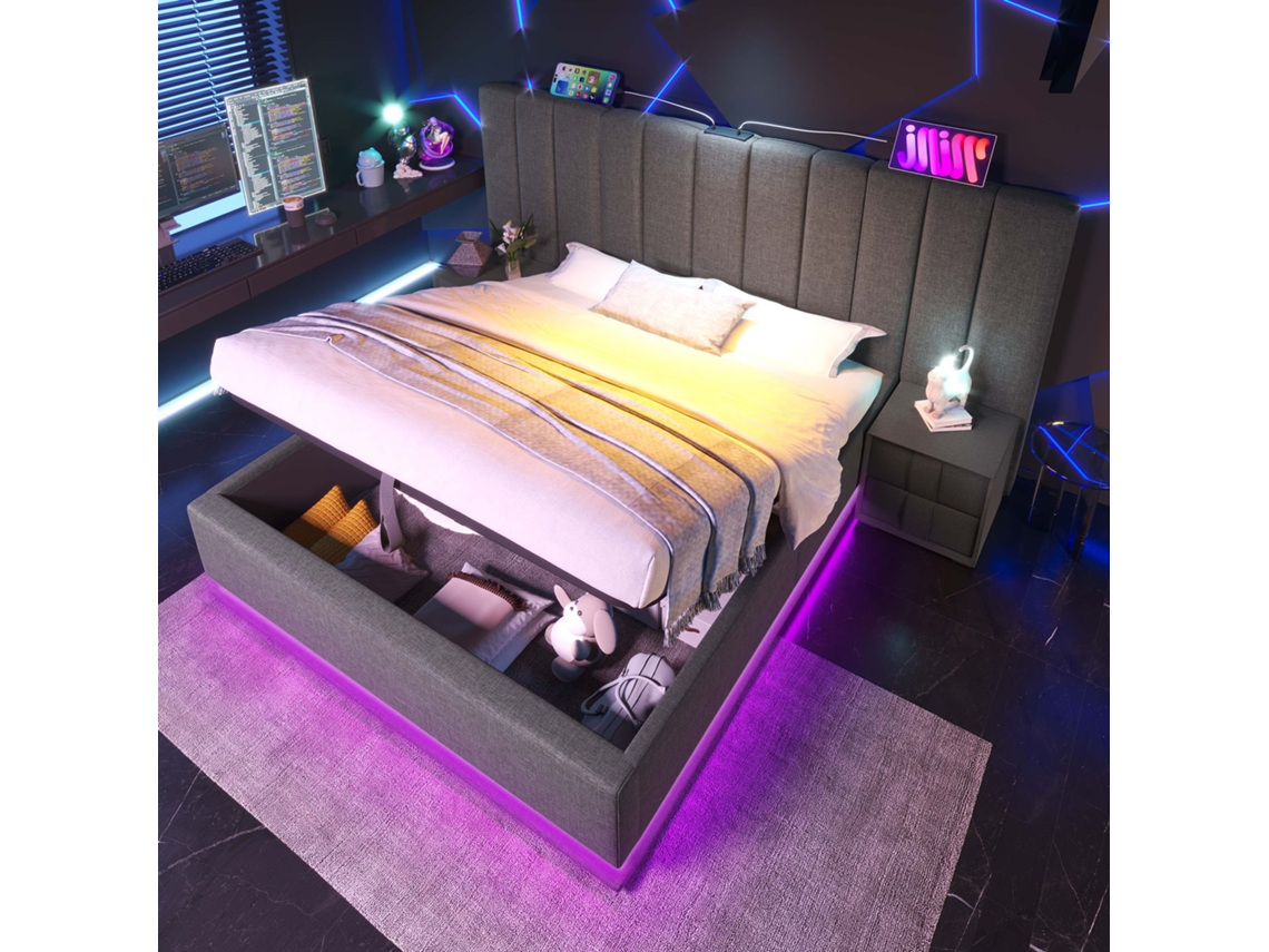 Cama Acolchoada 160x200 Cm Cama Com Arrumação Com Led E Usb C, Base De Ripas, Linho, Cinzento, Com Colchão, Sem Mesa De Cabeceira Estilo