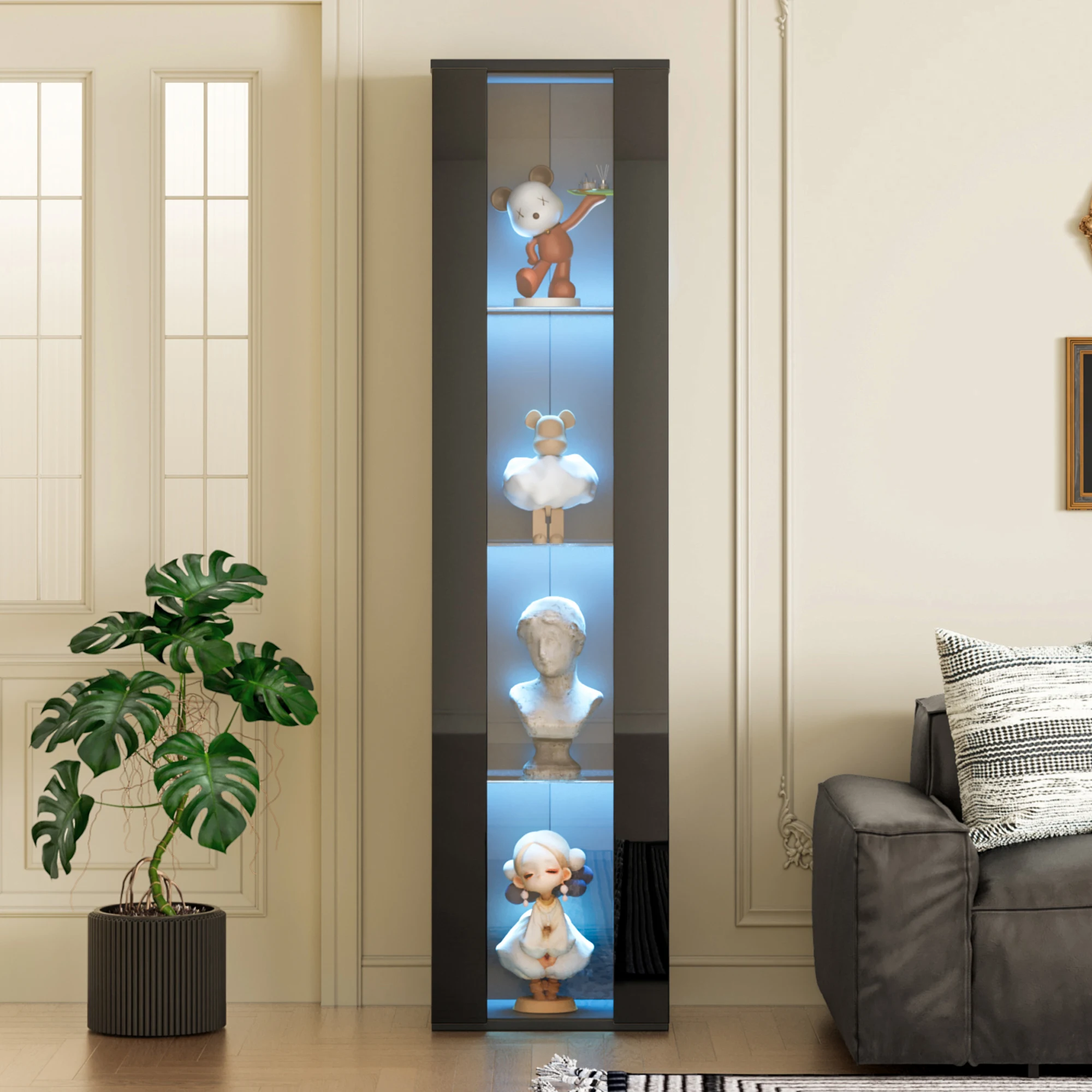 Vitrine iluminada por LED, design moderno, painel de partículas preto OEM