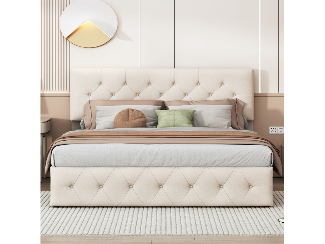 Cama De Casal 160 X 200 Cm, Cama Estofada, Estrado Elevatório, Para Adolescentes E Adultos, Bege Veludo Rosahqnda