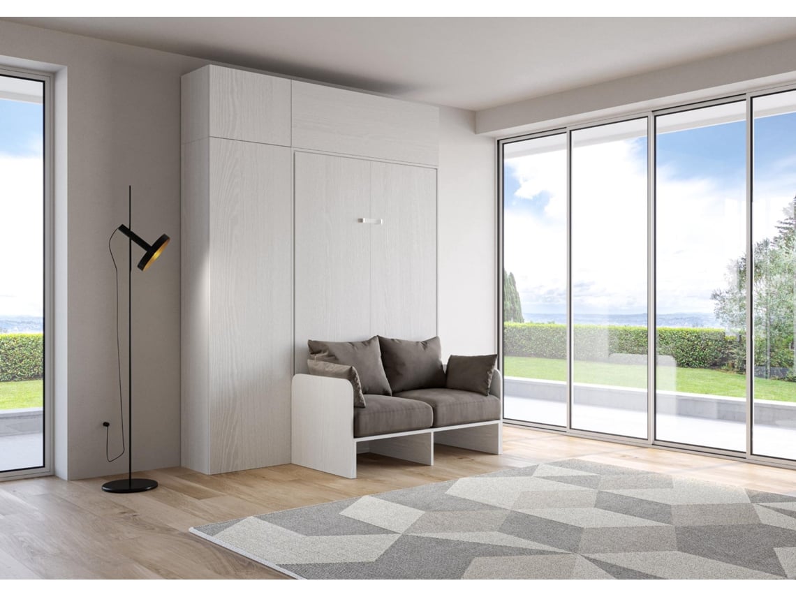 Cama Abatível 140 Vertical Sofà com Coluna ITAMOBY Kentaro Sofà (214 x 105 x 250 cm - Painéis em Melamina - Freixo Branco)
