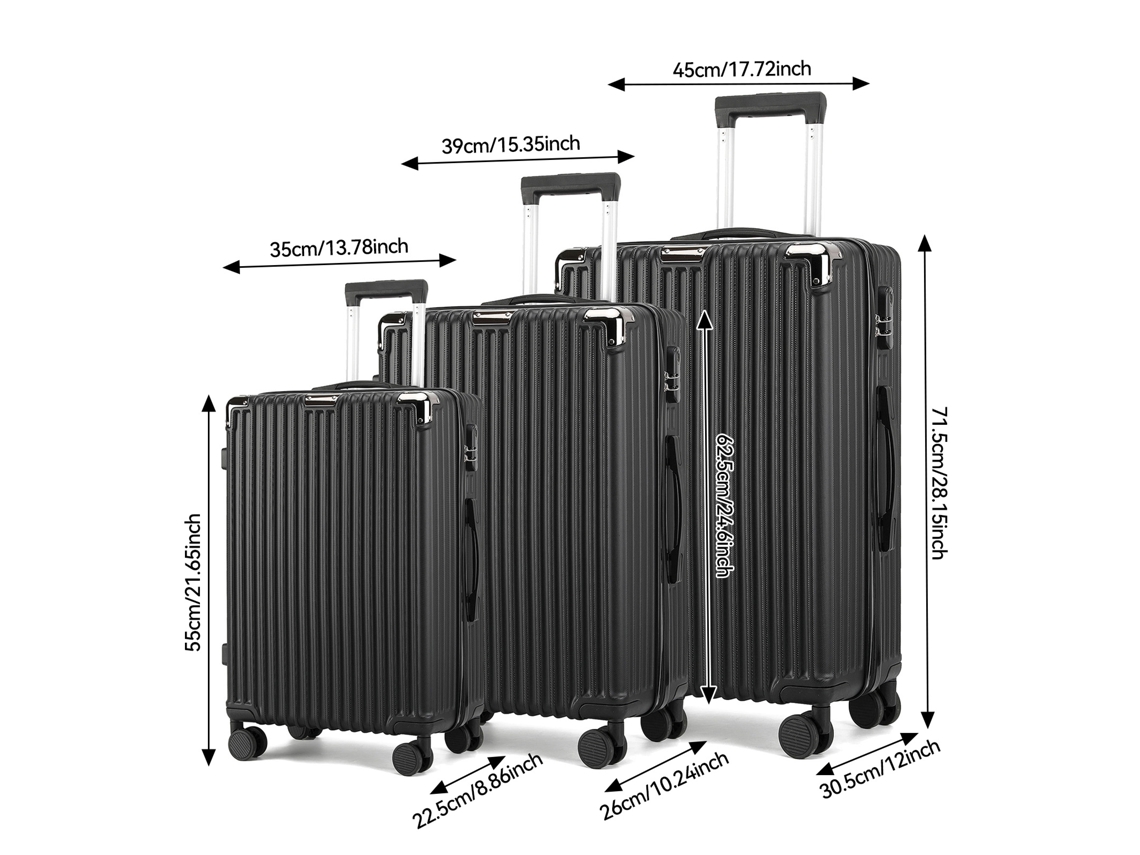 Conjunto De 3 Malas Rígidas Em Abs, De 20, 24 E 28, Com 4 Rodas, Fecho E Haste Telescópica. Ideal Para Viagens Em Família. Cor Preta Rosahqnda