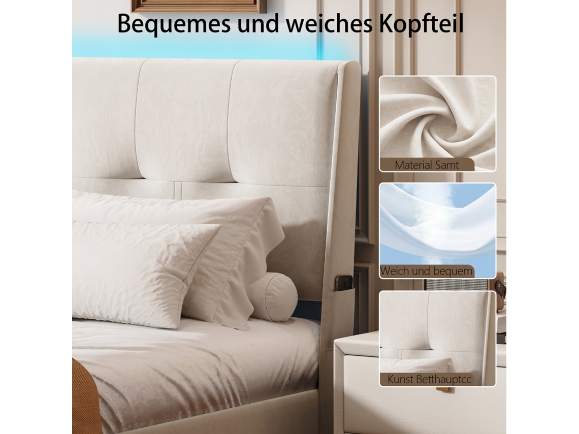 Cama Estofada 160 X 200 Cm, Cama De Casal Com Iluminação Led, Arrumação Bege Para Adolescentes E Adultos Veludo Rosahqnda