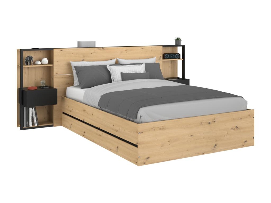 Cama com cofre LUDARO VENTE-UNIQUE Preto, Natural claro 140x190 cm - Com colchão - Com sommier
